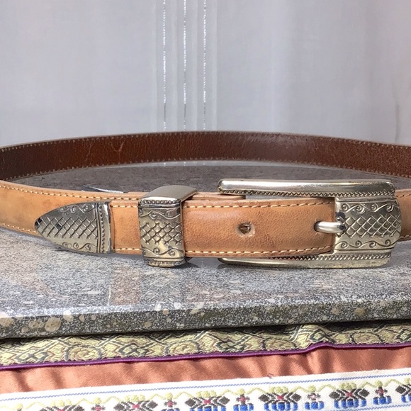 🐎 Brighton Tan Leather Cream Stitched Silver Metal Embossed Buckle and End Cap - Picture 2 of 15